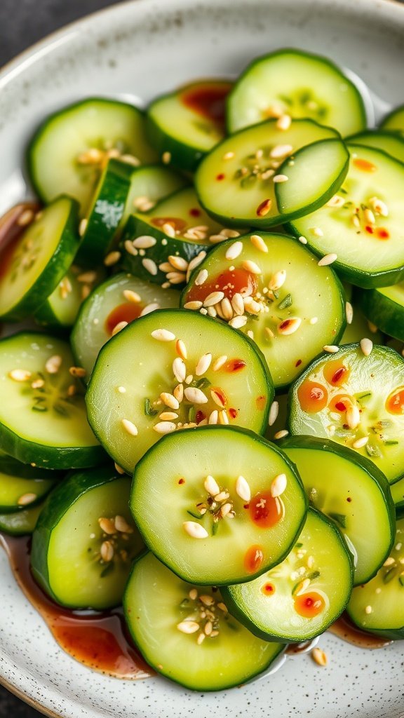 A vibrant Asian-inspired cucumber salad with sesame dressing, featuring sliced cucumbers, carrots, and sesame seeds.