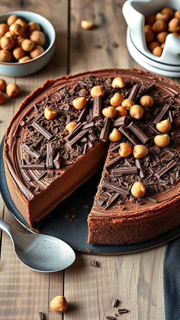 A delicious Chocolate Hazelnut Cheesecake topped with hazelnuts and chocolate shavings.