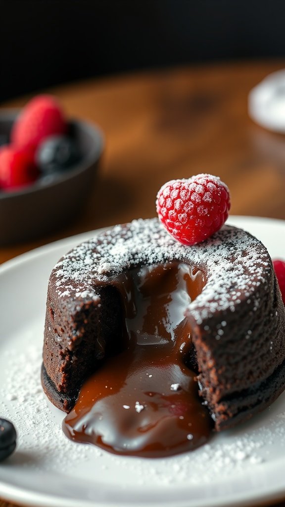 A delicious molten chocolate lava cake topped with a fresh raspberry and powdered sugar.