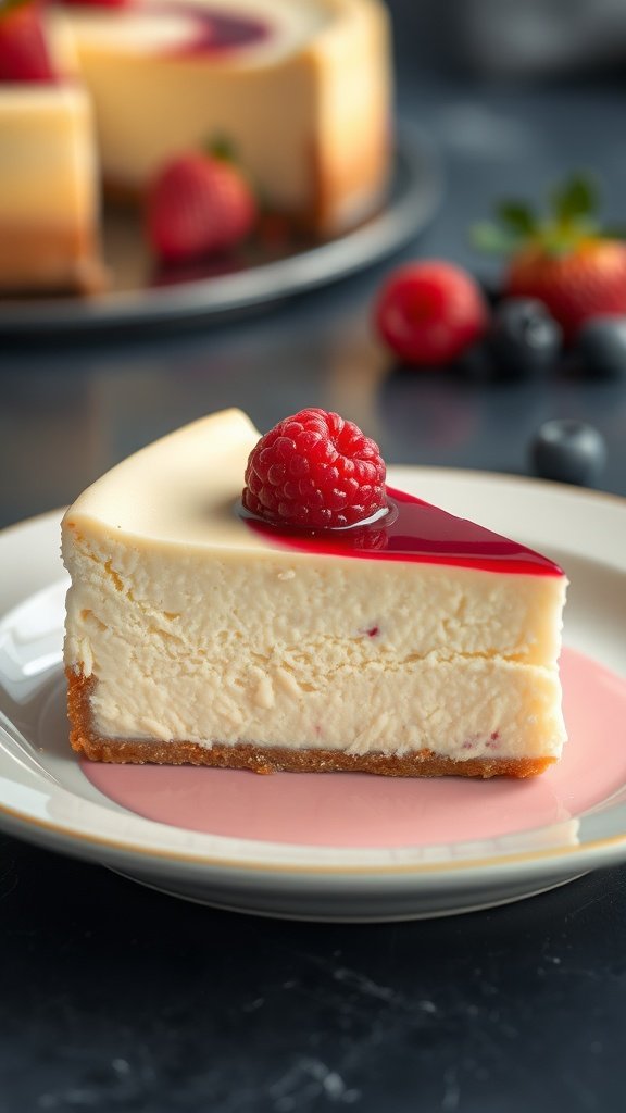 Slice of classic New York style cheesecake with raspberry topping