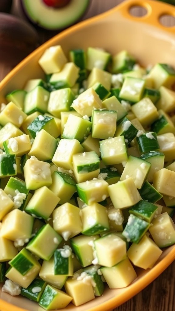 A bowl of creamy avocado cucumber salad with diced cucumbers and avocado.