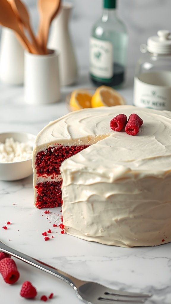 A beautifully decorated gluten-free red velvet cake with cream cheese frosting.