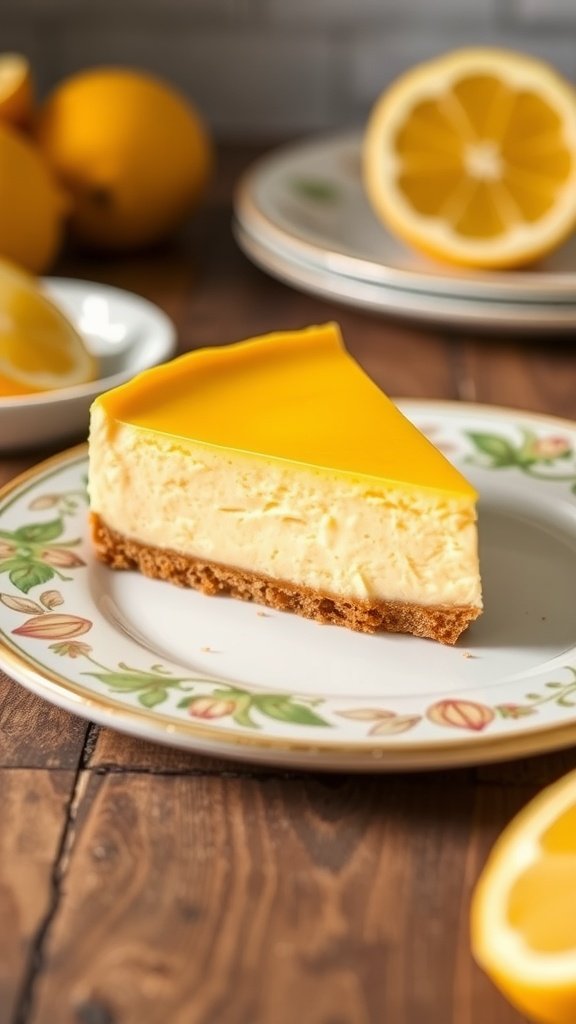 A lemon zest cheesecake on a decorative plate surrounded by sliced lemons