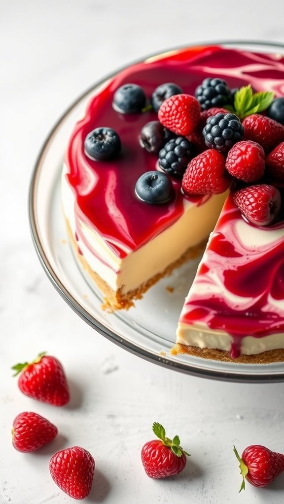 A delicious No-Bake Berry Swirl Cheesecake topped with mixed berries.