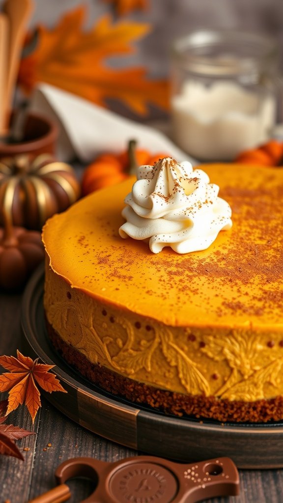 Pumpkin spice cheesecake topped with whipped cream and spices