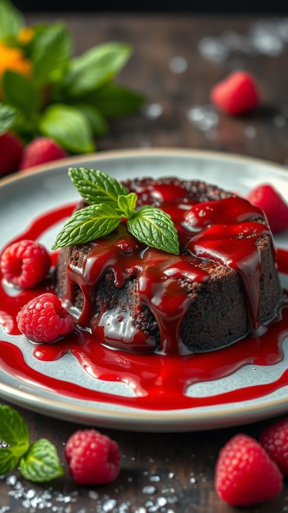 A slice of Raspberry and Dark Chocolate Lava Cake topped with raspberry sauce and mint leaves