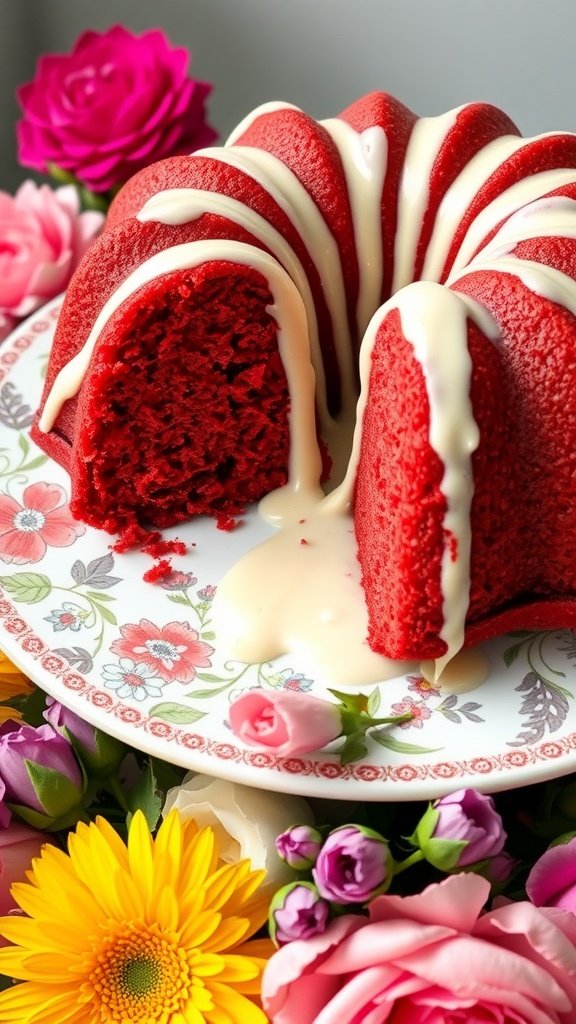 A delicious Red Velvet Bundt Cake with a creamy glaze, garnished with flowers.