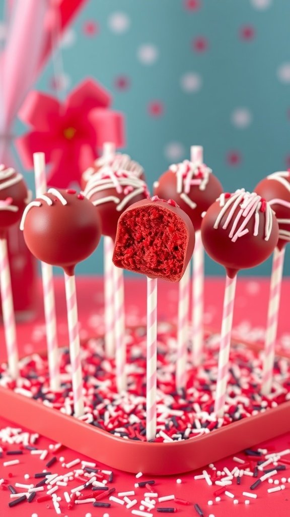 Red Velvet Cake Pops with colorful sprinkles and decorations for celebrations.