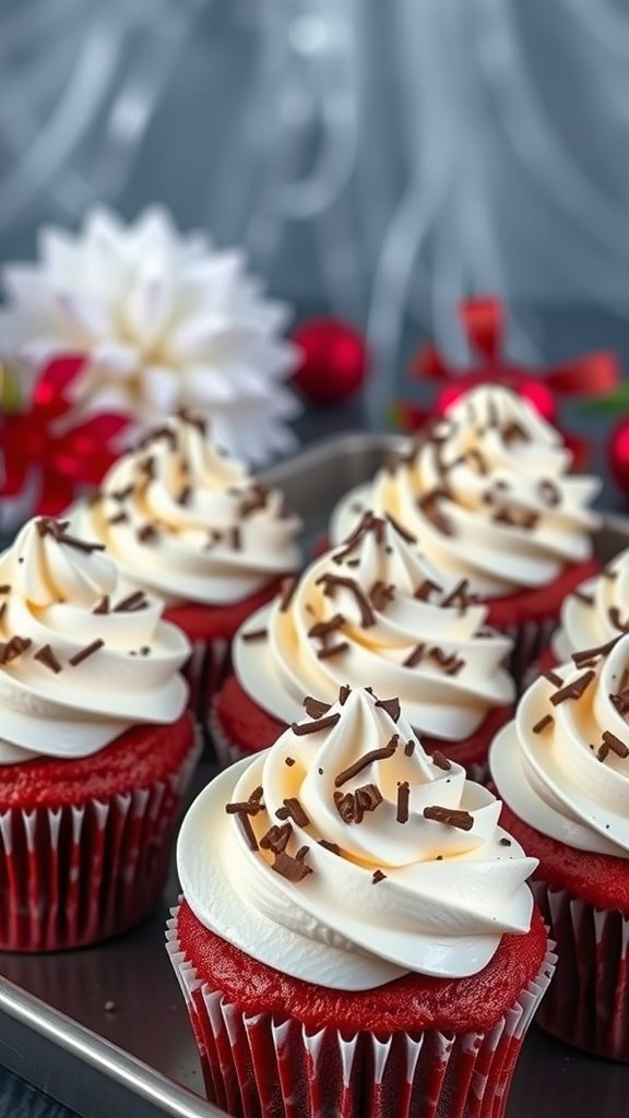 Delicious red velvet cupcakes topped with whipped cream and chocolate shavings.