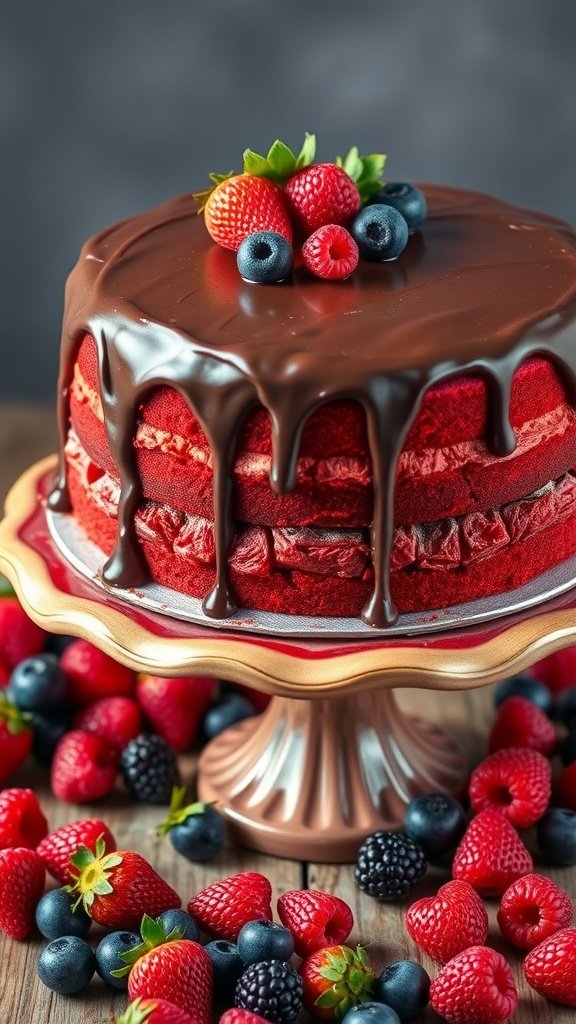 A beautiful red velvet layer cake topped with ganache and berries.