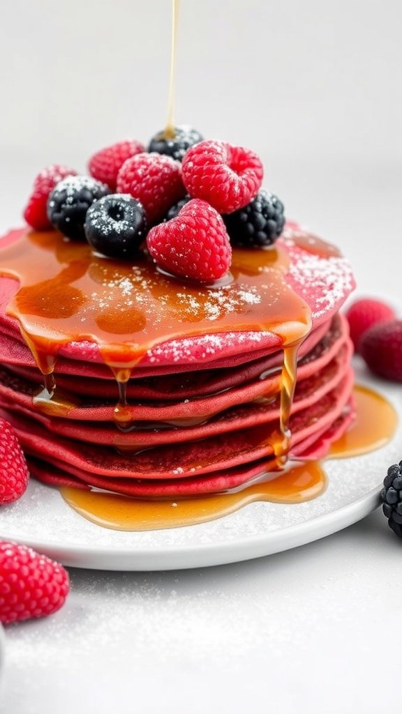 Stack of red velvet pancakes topped with berries and syrup