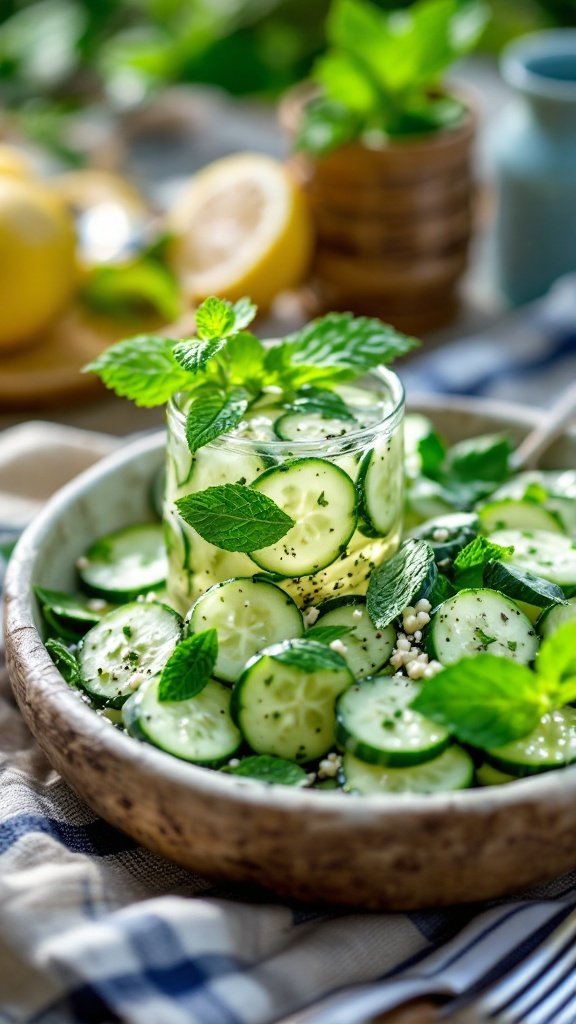 A bowl of cucumber salad with mint leaves garnished on top.