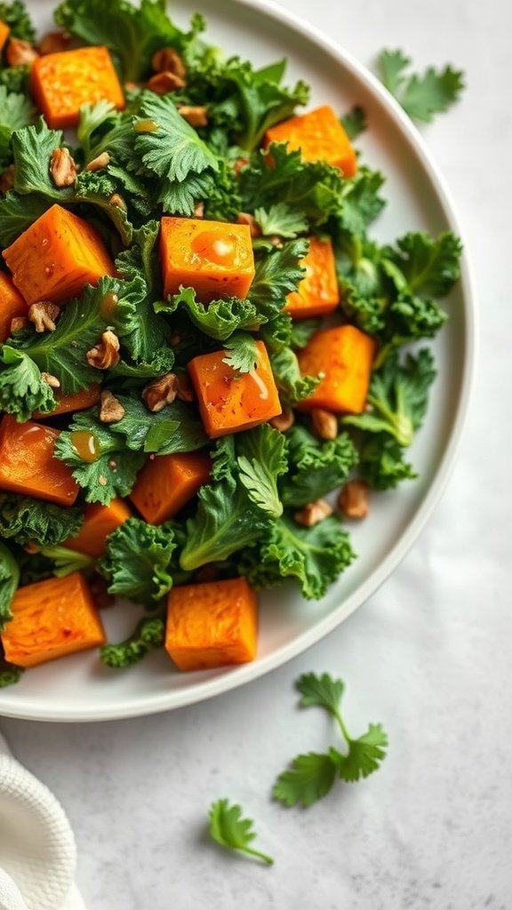 A colorful Spicy Kale Salad with roasted sweet potatoes and walnuts.