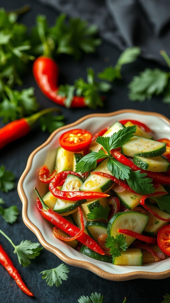 A bowl of Spicy Thai Cucumber Salad with sliced cucumbers, chili peppers, and cilantro.