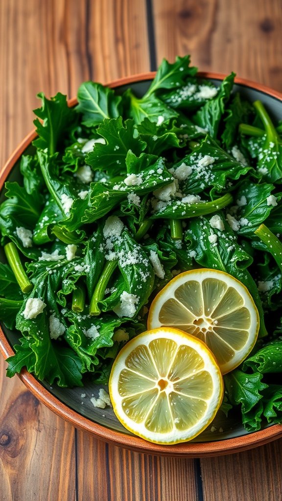 A vibrant Tuscan kale salad with lemon slices and Parmesan cheese