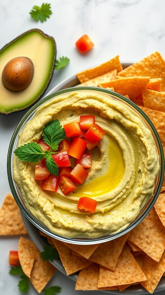 A bowl of creamy avocado hummus topped with diced tomatoes and served with tortilla chips.