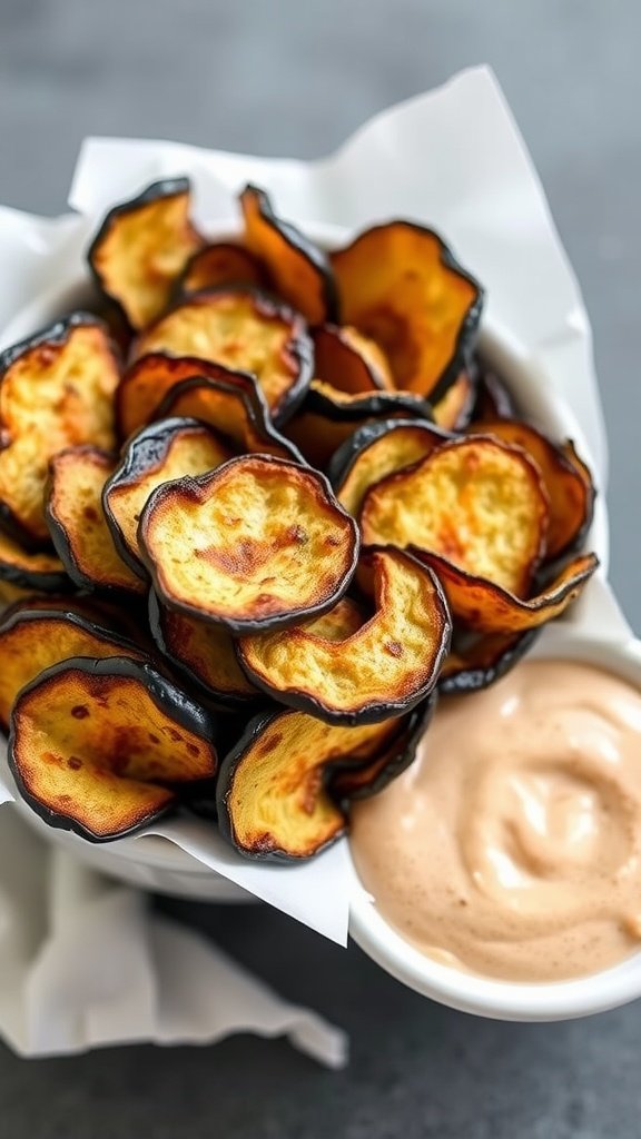 Baked eggplant chips arranged in a bowl with a dipping sauce