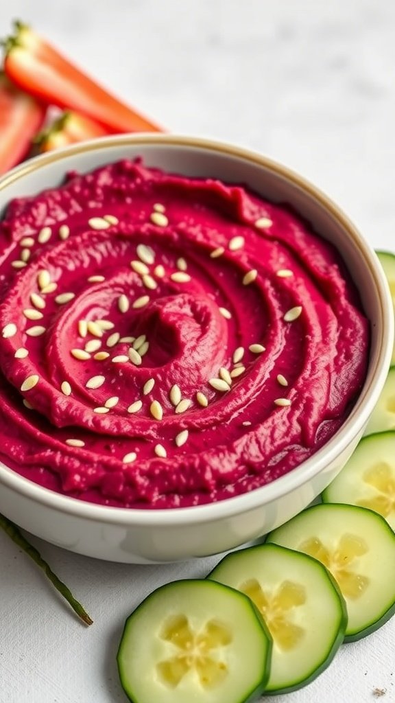 A bowl of vibrant beetroot hummus garnished with sesame seeds, served with cucumber slices and colorful vegetables.