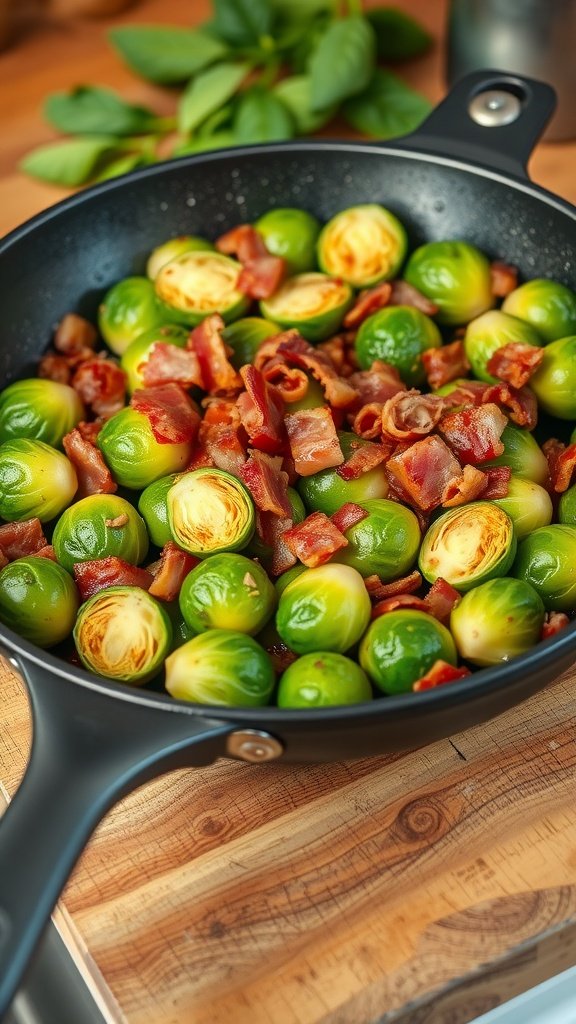 A skillet filled with Brussels sprouts and crispy bacon, showcasing a delicious side dish.