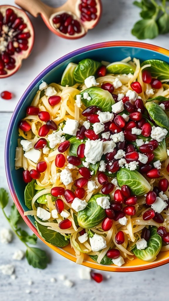 Brussels sprouts salad with pomegranate and feta cheese in a colorful bowl