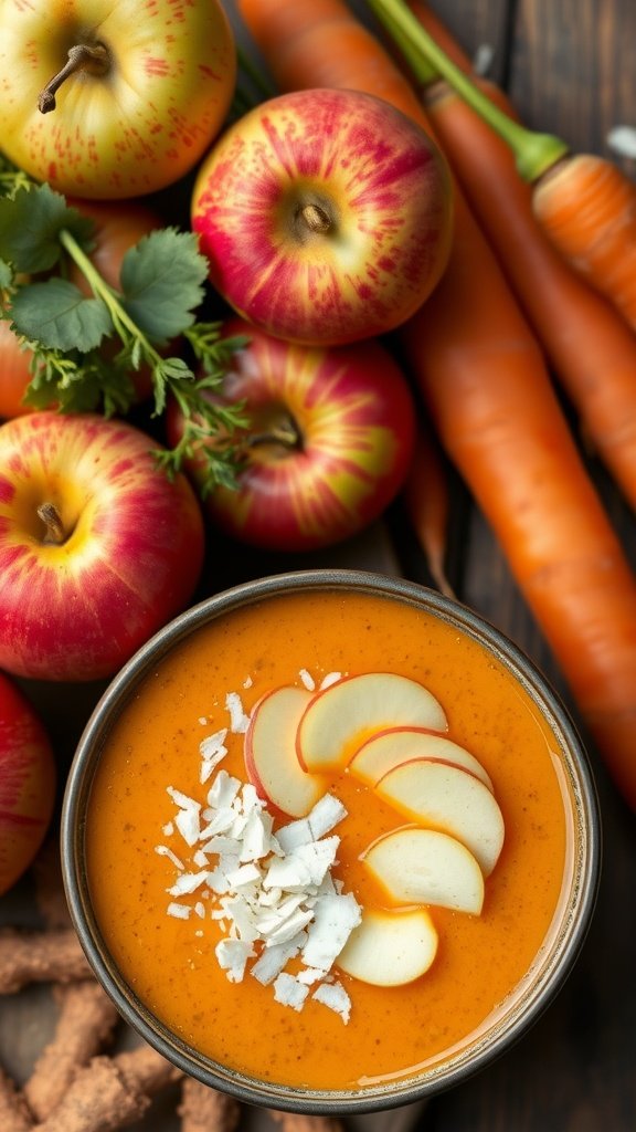 A bowl of carrot and apple soup garnished with apple slices and coconut flakes, surrounded by fresh carrots and apples.