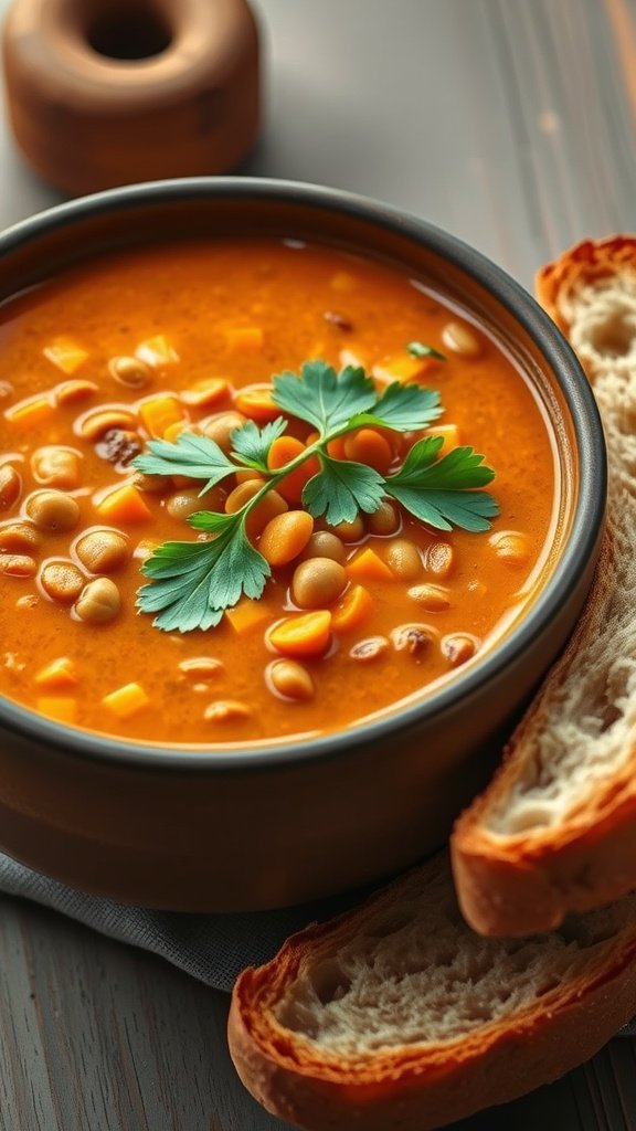 A warm bowl of carrot and lentil soup garnished with fresh parsley, served alongside slices of bread.