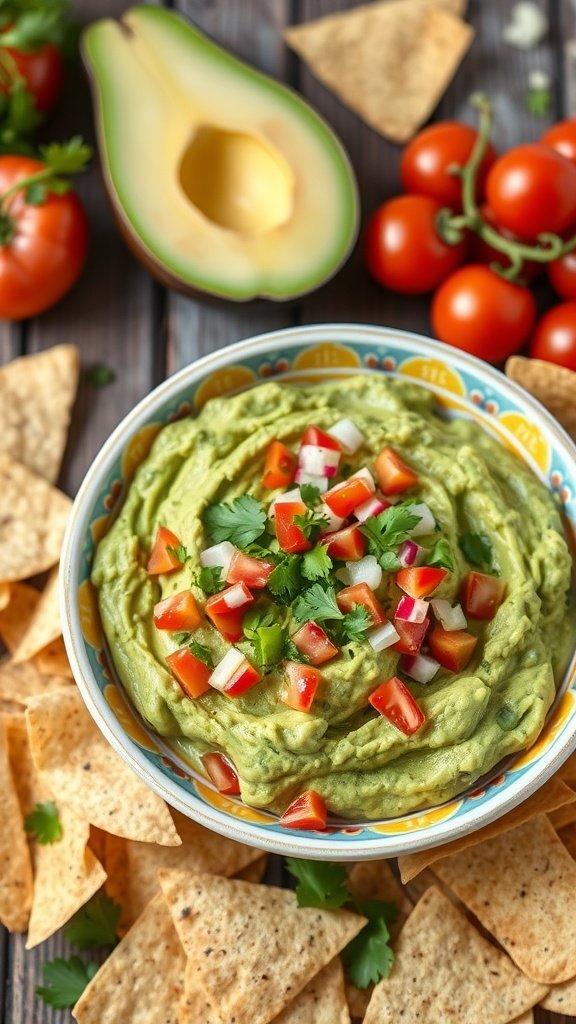 A bowl of classic avocado guacamole topped with diced tomatoes and cilantro, surrounded by tortilla chips and fresh vegetables.