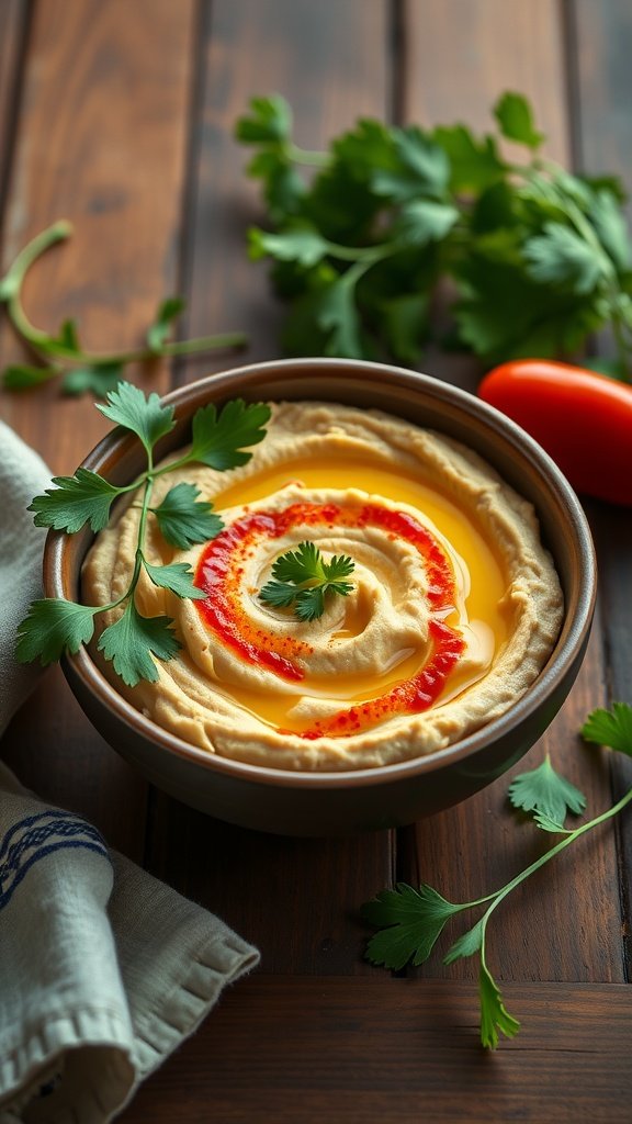 A bowl of classic chickpea hummus topped with olive oil and paprika, garnished with parsley.