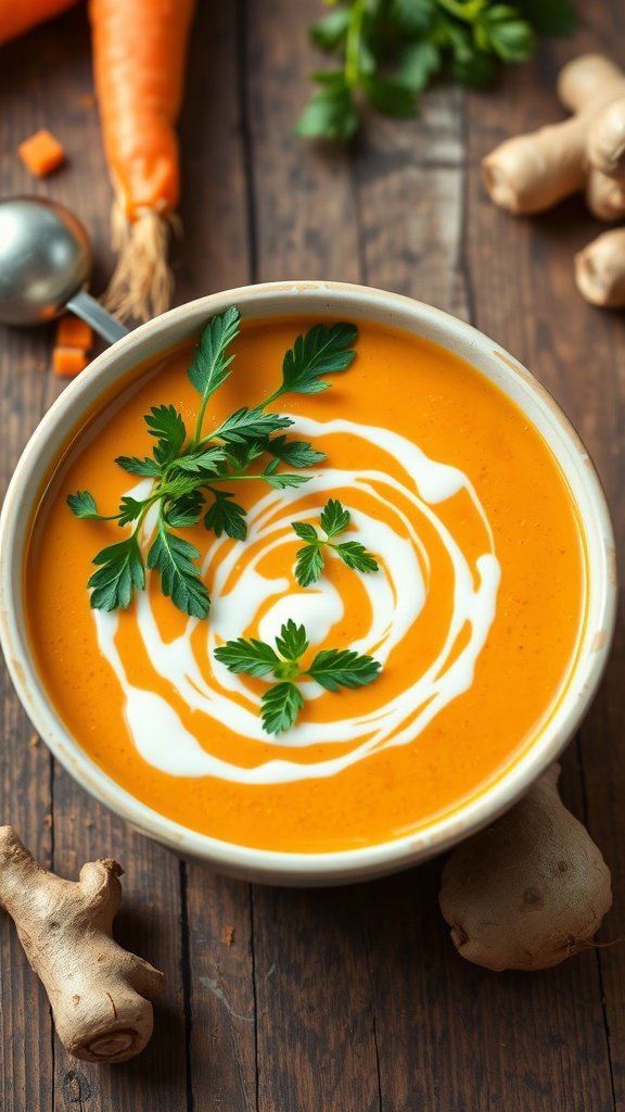 A bowl of creamy carrot and ginger soup garnished with a swirl of cream and fresh herbs.