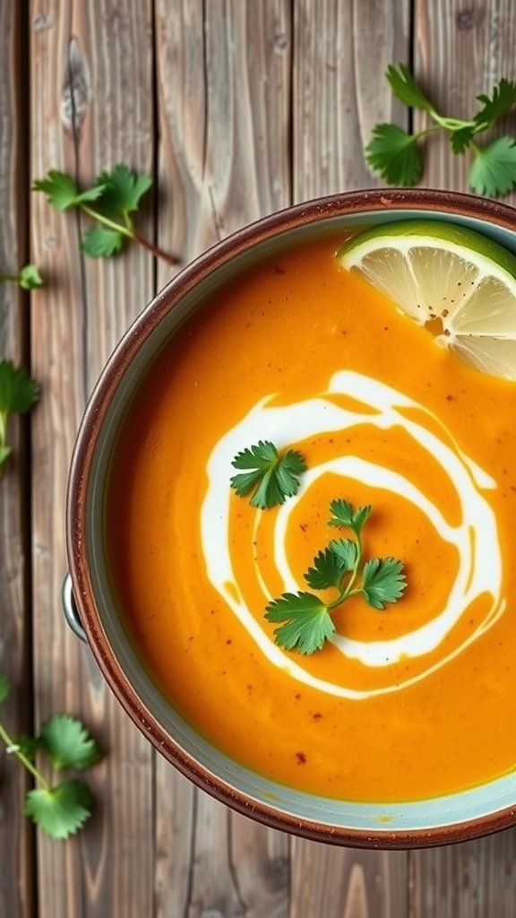 Creamy Coconut Sweet Potato Soup with cilantro and lime garnish