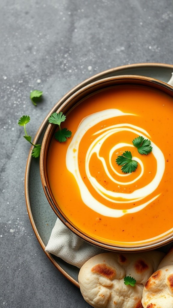 A bowl of curried carrot soup with a swirl of coconut milk and garnished with cilantro.