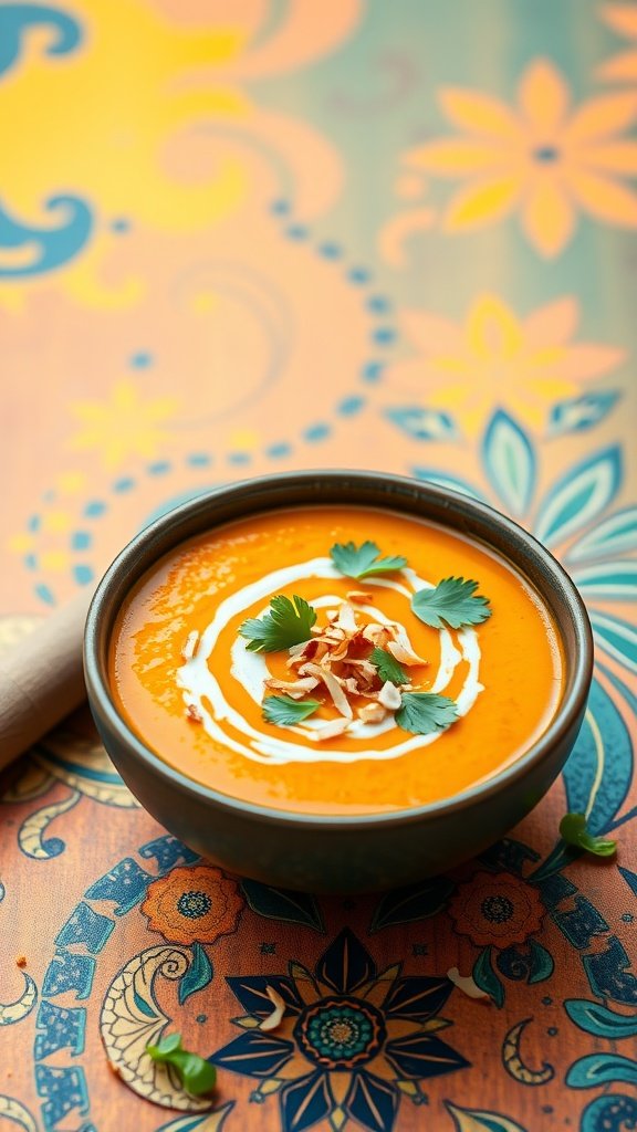 A bowl of curried sweet potato and coconut soup garnished with cilantro and coconut flakes