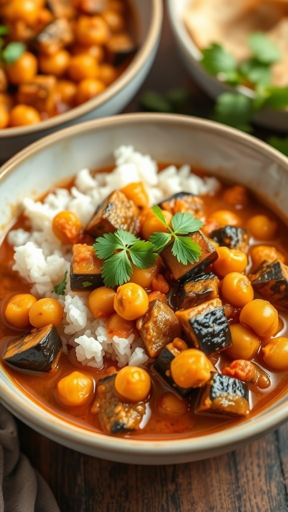 A bowl of eggplant and chickpea curry served with rice, garnished with cilantro.