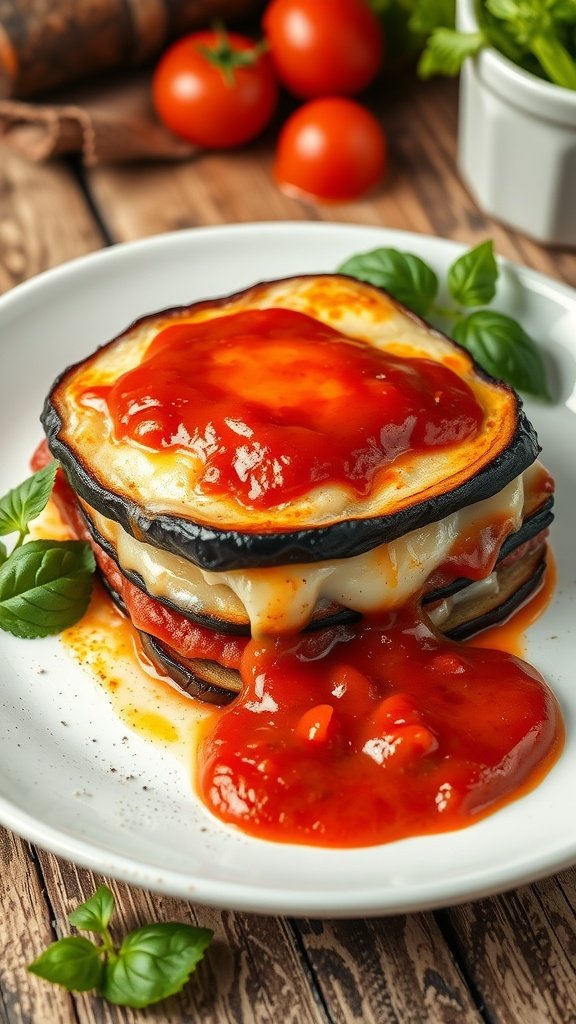 A plate of eggplant parmesan served with marinara sauce and garnished with basil.