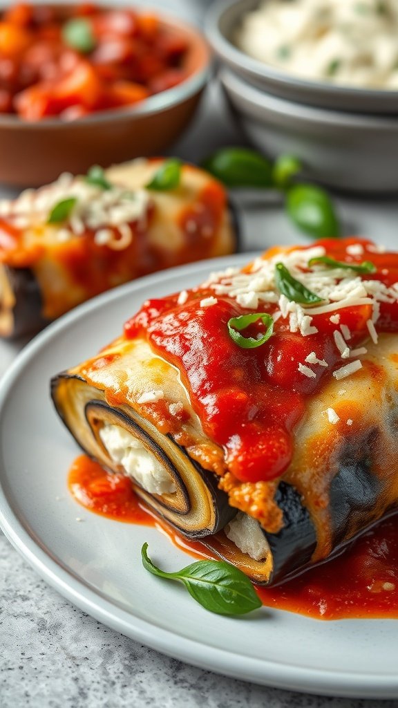 Delicious eggplant rollatini filled with ricotta cheese and topped with marinara sauce.