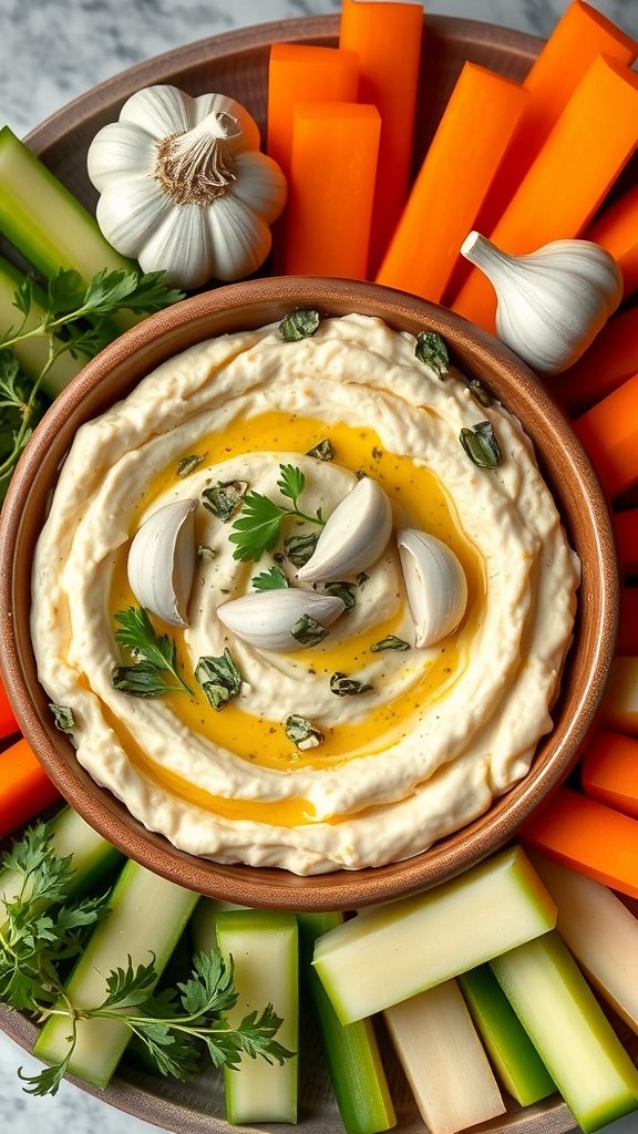 A bowl of garlic and herb hummus surrounded by fresh vegetables.