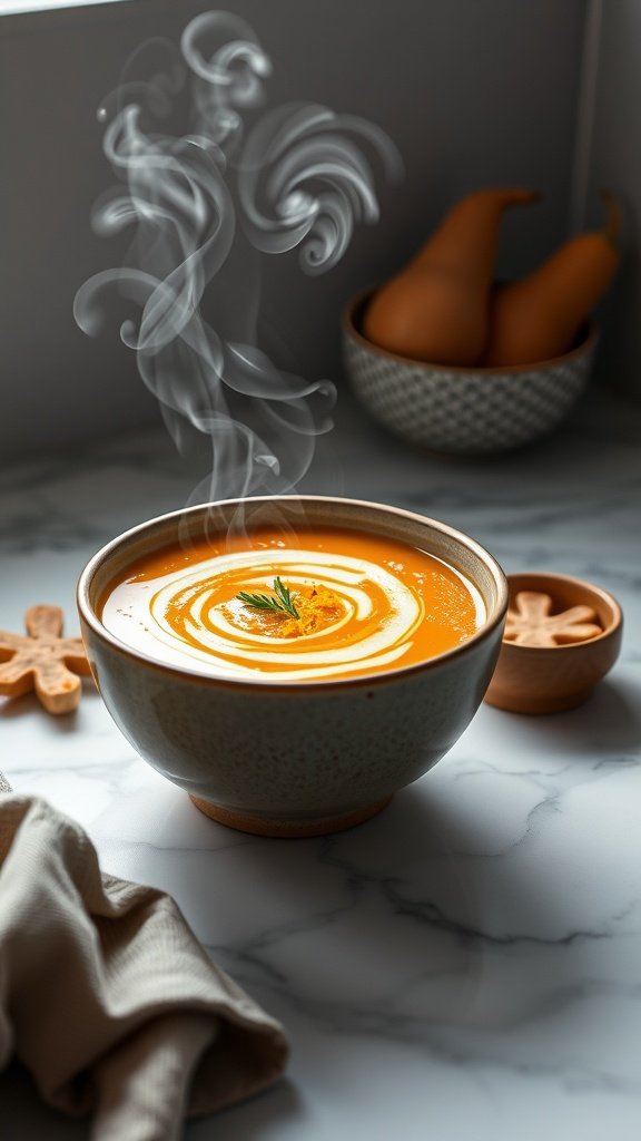 A warm bowl of ginger-lemon sweet potato soup garnished with a drizzle of cream and herbs.