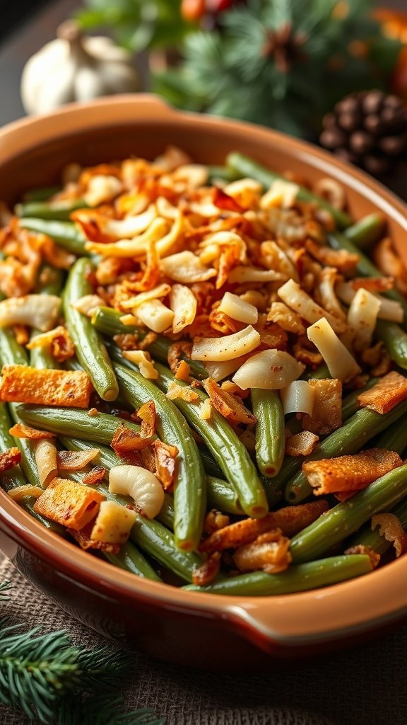 A delicious Green Bean Casserole topped with crispy onions.