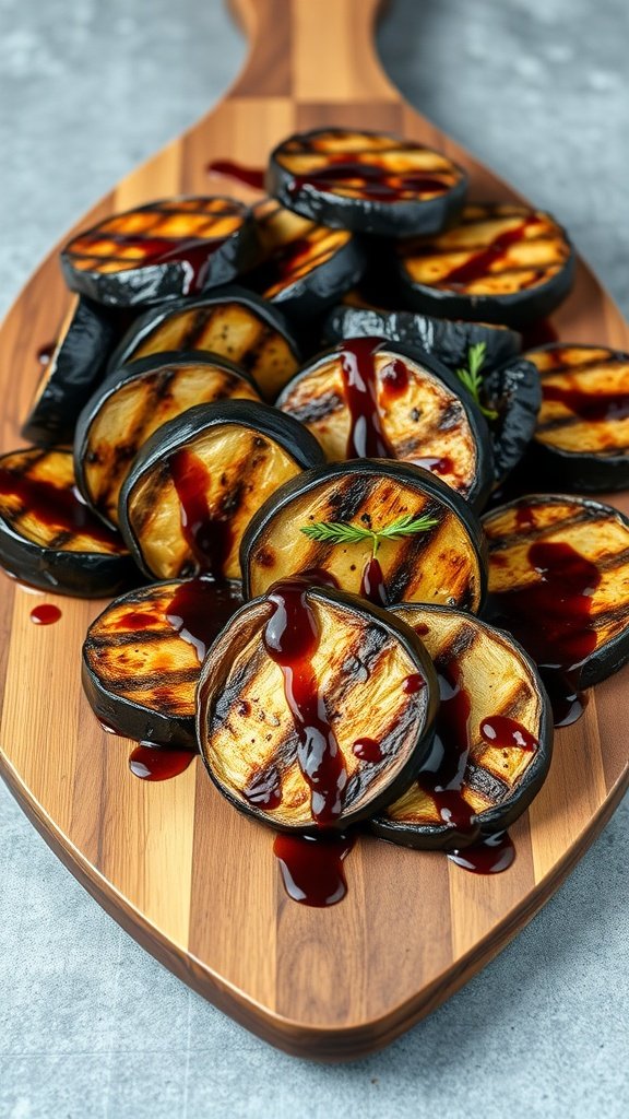 Grilled eggplant rounds drizzled with balsamic glaze on a wooden platter.