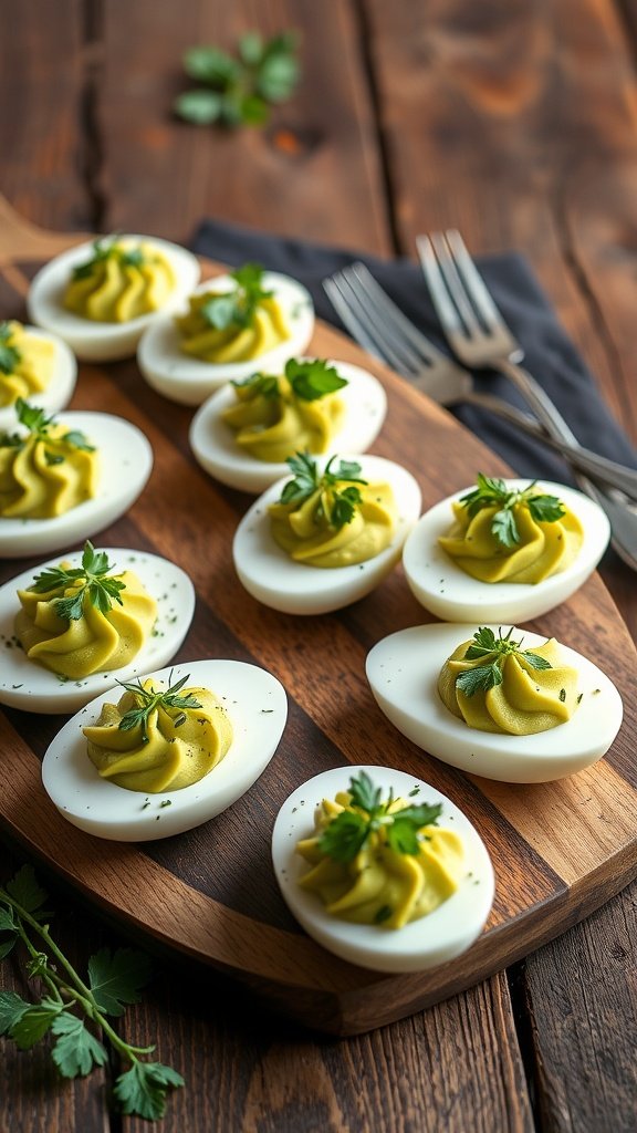 Herbed Avocado Deviled Eggs on a wooden platter