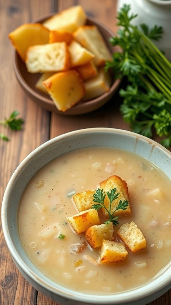 A bowl of Herbed Potato Leek Soup topped with garlic croutons and a garnish of parsley.