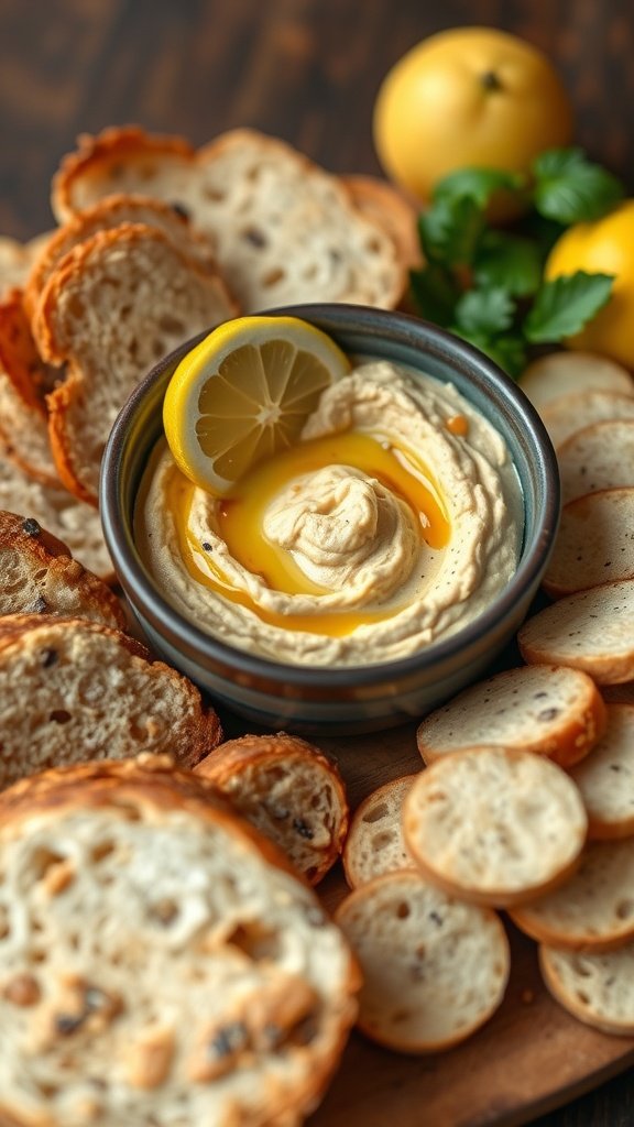 A bowl of creamy Lemon Tahini Hummus garnished with lemon slices, served with fresh bread.