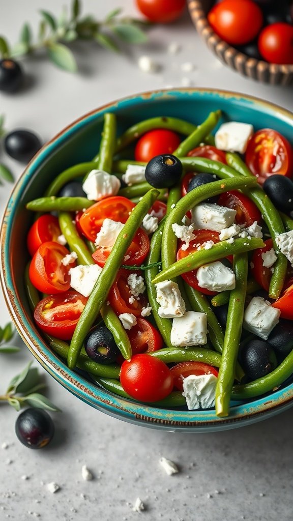 A vibrant Mediterranean Green Bean Salad with cherry tomatoes, olives, and feta cheese.