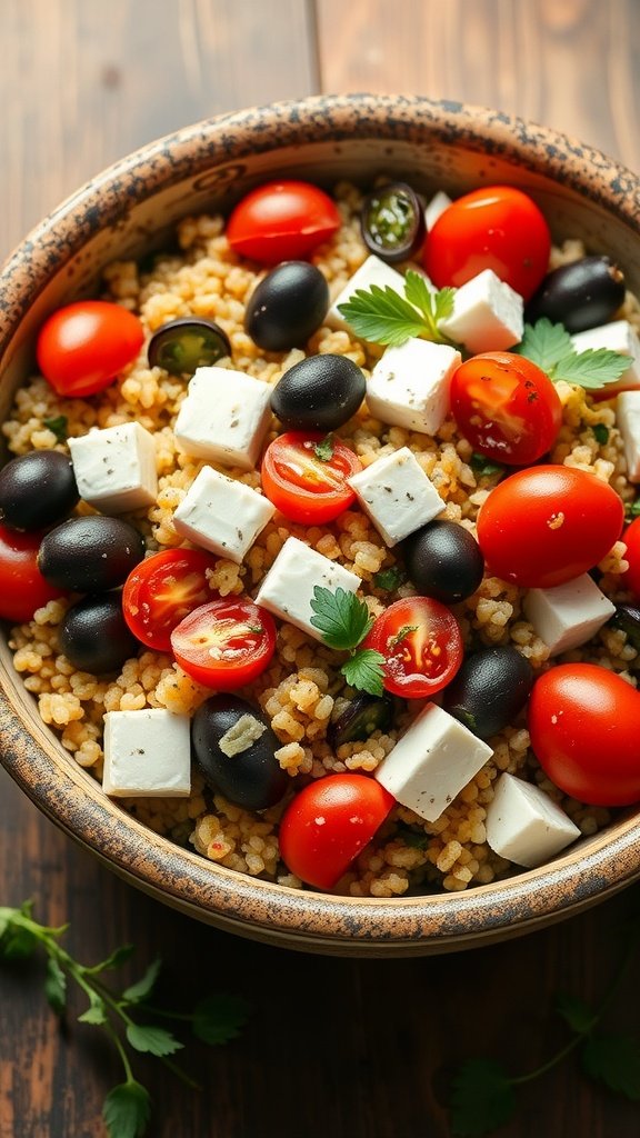 A colorful bowl of Mediterranean quinoa salad with feta cheese, cherry tomatoes, olives, and fresh parsley.