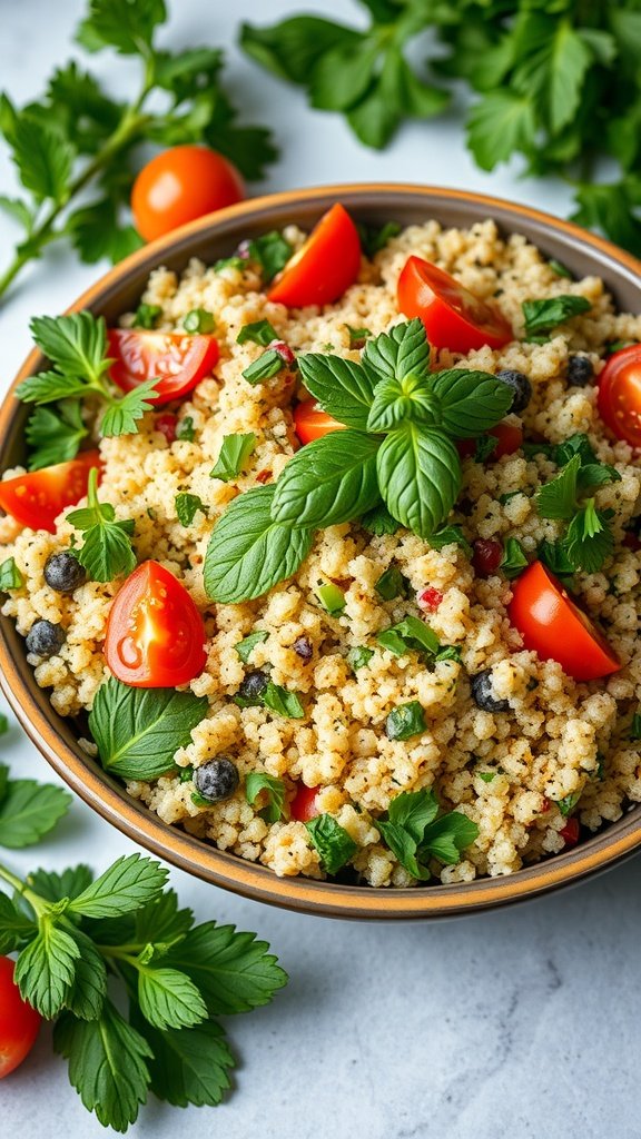 A bowl of quinoa tabbouleh salad with fresh herbs and tomatoes.