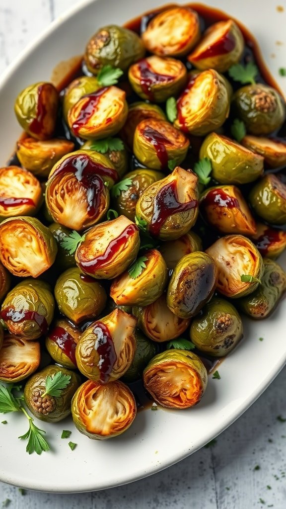 Delicious roasted Brussels sprouts drizzled with balsamic glaze on a serving platter, garnished with parsley.