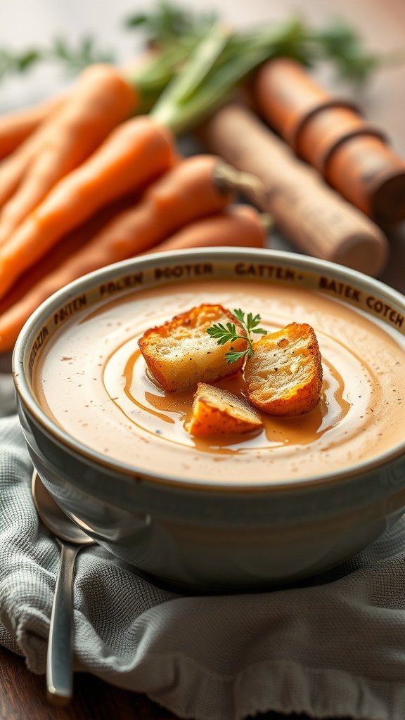 A bowl of roasted carrot and garlic soup with croutons on top