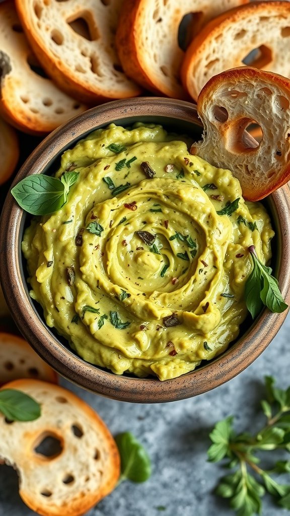 A bowl of creamy roasted garlic and herb guacamole garnished with herbs, surrounded by crunchy bread slices.