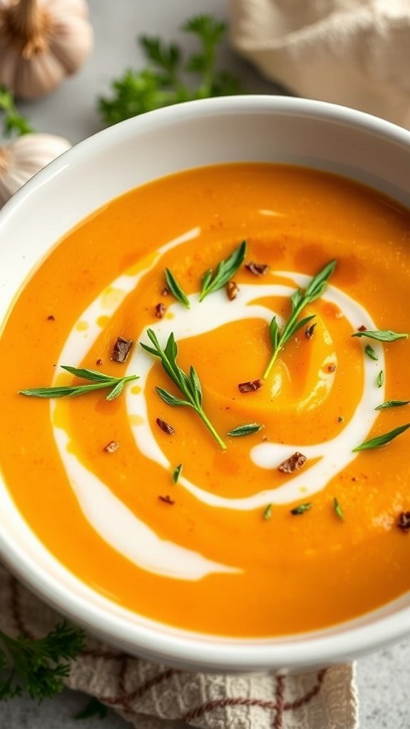 A bowl of creamy roasted garlic and herb sweet potato soup garnished with herbs.