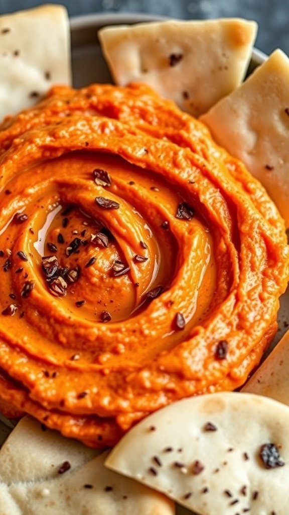 A bowl of roasted red pepper hummus garnished with olive oil and served with pita chips.